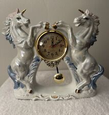 Vintage RARE ELECO Iridescent Double Unicorn Clock W/ Pendulum Pink/blue/white picture