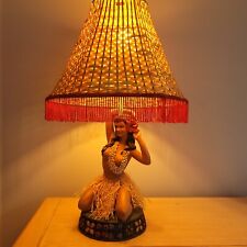 Vintage Hawaiian Dancing Hula Girl Kneeling Lamp Wicker Fringed Shade picture