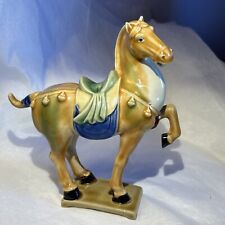 Vintage Chinese Tang Style Glazed Ceramic Prancing War Horse Pottery Statue 1970 picture