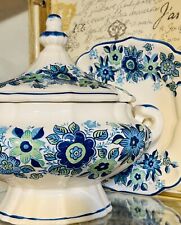 Vintage Blue & White Porcelain Soup Tureen w Plate picture