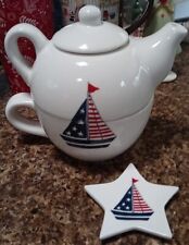 Nantucket Collector's Teapot Stoneware Red White & Blue Sailboat w/Tea Bag Caddy picture