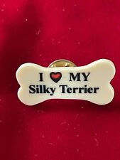 I Heart My Silky Terrier White Plastic Bone Shape Tie Lapel Pin Vtg Dog Canine  picture