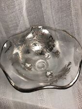 VTG CLEAR W/ SILVER Overlay 3 footed GLASS CANDY DISH BOWL POPPY Flower Leaves picture