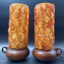 Vintage Chunky Rock Candy Lucite Shade Table Lamps Orange Swirl Brutalist 12.5” picture