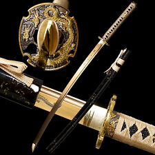Gold Katana 1095 Carbon Steel Battle Ready Japenese Samurai Sharp Fulltang Sword picture