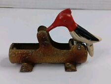 Cast Iron Metal Woodpecker Bird On Log Toothpick Holder Dispenser Vintage picture