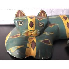 Nostalgic Green and Yellow Painted Folk Art Wooden Cat Rustic Farmhouse Decor picture