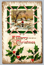 A Merry Christmas Antique Embossed Postcard c1910 w/ Farm Scene picture