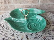 Mid Century Tidbit Tray Green Pottery USA Ceramic Divided Dish Handle 1950s picture