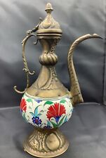 Antique  Turkish Porcelain And Brass Ewer Pitcher 11 Inch Tall picture