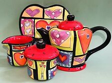 Naylor Designs Ceramic Teapot, Sugar and Creamer w Lid, and Tea Box Heart Design picture