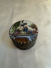 Vtg Asian Ladies Shard Enamel & Bronze Pill Box Snuff Trinket Box Hand Painted picture