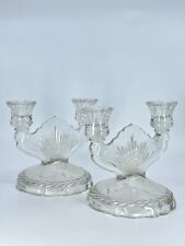 Pair of 1950s Jeannette Glass Sunburst Herringbone Etched Double Candle Holders picture