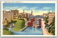 Postcard Barge Canal Locks, Lockport NY linen U142 picture