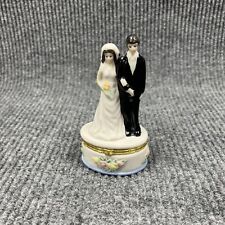 VTG Wedding Bride Groom Floral Porcelain Keepsake 5.5” Trinket Box Hinged Lid picture
