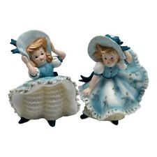 2 Vintage Lefton Figurine KW3701 Girl Blue Bonnet Ruffle Dress Windy Bloomer picture