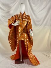 Vintage 1960's Wedding Kimono Uchikake Orange/Gold Crane Motif w/ Padded Hem picture