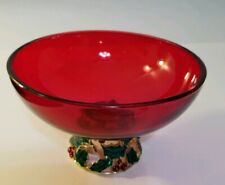 Teleflora Ruby Red Glass Bowl Holly on Gold Tone Metal base 7.75
