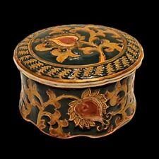 Vintage Ceramic Oriental Floral Trinket Jewelry Dish with Lid Green and Gold picture