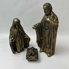 3 Piece Holy Family Nativity Figurines Bronze Gold Colored Ceramic Figures picture