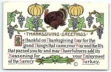 1911 THANKSGIVING GREETINGS TURKEY PUMPKINS GRAPES EMBOSSED POSTCARD P3510 picture