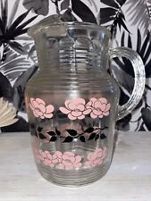 Hazel Atlas Vintage Clear Glass 7” Pitcher with Pink Flower Black Leafe Design picture