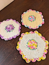 3 Hand Crochet Doily Hot Pad, Floral, Multi color picture