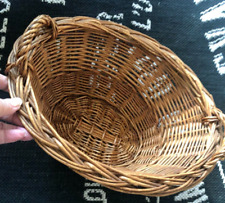 Vtg Small Oval Willow Clothes LAUNDRY BASKET Side Handles Doll Child Size Mini A picture