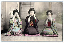 c1910 Hear No Evil Monkeys Women Closing Ears Eyes Mouth Japan Postcard picture