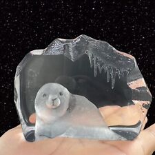 Mats Jonasson Scandinavian Art Glass Crystal Baby Seal Pup Paperweight Clear VTG picture