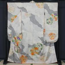 Japanese 165cm L Size White Flower-Filled Pure Silk Long-Sleeved Kimono K098 picture