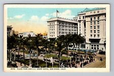 San Diego CA-California, Plaza Park, US Grant Hotel, Vintage c1925 Postcard picture
