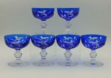 Bohemian Cobalt Cut To Clear Champagne Coupes Birds Flowers 4 1/4