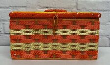 Vtg Sewing Basket Wicker Plaid Orange Yellow 1970s Retro Square Cushion Top picture