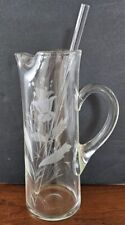 Mid Century Martini Cocktail Pitcher w/ Etched Floral design w glass stir stick picture