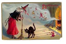 c1908 Tucks Halloween Postcard Witch Boiling Potion, Black Cat picture
