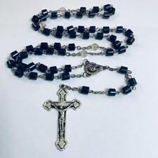 Vintage Catholic Rosary Hematite Beaded Silver Tone Crucifix Italy picture