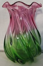 Vintage Teleflora Pink Green Blown Glass Vase Watermelon 3D Swirls 7-3/4