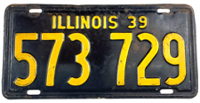 Vintage Illinois 1939 Auto License Plate 573 729 Man Cave Wall Decor Collector picture