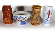 TRADER DICK'S TIKI MUGS BOWL LOT OF 4 VINTAGE OUTRIGGER MOAI JEWEL EYES SURFER picture