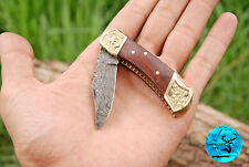 DAMASCUS STEEL FOLDING BLADE POCKET KNIFE / HAND MADE W/ WOOD HANDLE 1252 picture