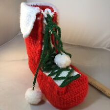 Vtg Handmade Large Crochet Red Santa Boot Stocking Christmas Candy Floral Decor picture
