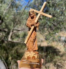 Jesus Holding The Cross Olive Wood Figure Art Bethlehem Hand Carved Craft Gift picture