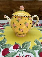 VINTAGE MARY ENGELBREIT 1997 YELLOW POLKA DOT w/PINK FLOWERS 7.5” TEAPOT picture