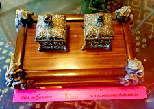 Antique Chinese silver and wood double inkwells with dragons on each corner picture