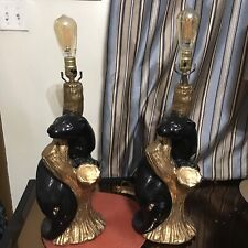 Vintage Set Of Mid-Century Modern Black Gold Panther Cat Table Lamps Plaster picture