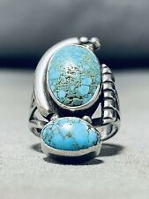 SPARKLING VINTAGE NAVAJO SPIDERWEB TURQUOISE STERLING SILVER RING picture