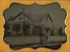 Outdoor Scene Man Woman Walking Outside Victorian House 1/4 Plate Tintype Photo picture