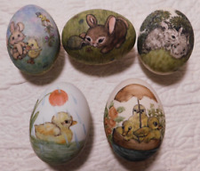 5 Vintage 1974 Hand Painted Porcelain EASTER EGGS Bunny Rabbits & Ducks signed  picture