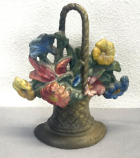 Antique Cast Iron Flower Basket Doorstop Polychrome Painted 9